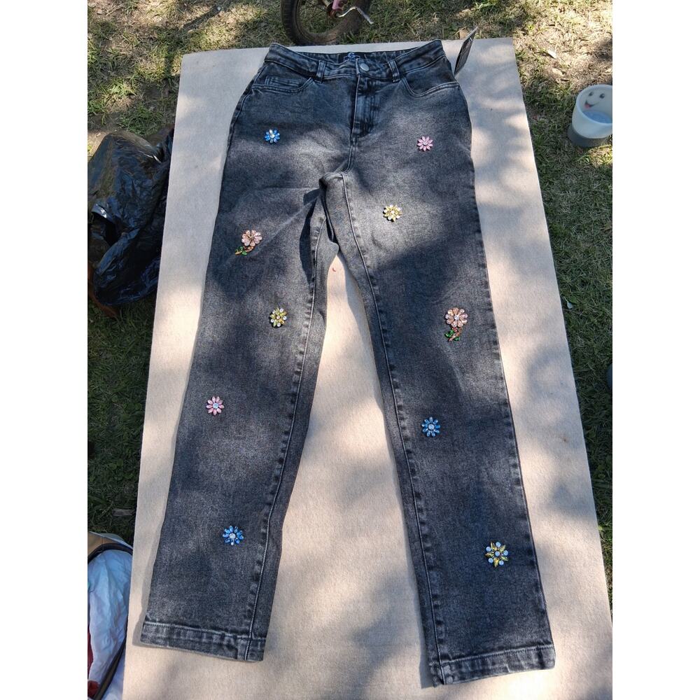 G by giuliana black jeans embellished flower glass rhinestone sz 6 90s Y2K style